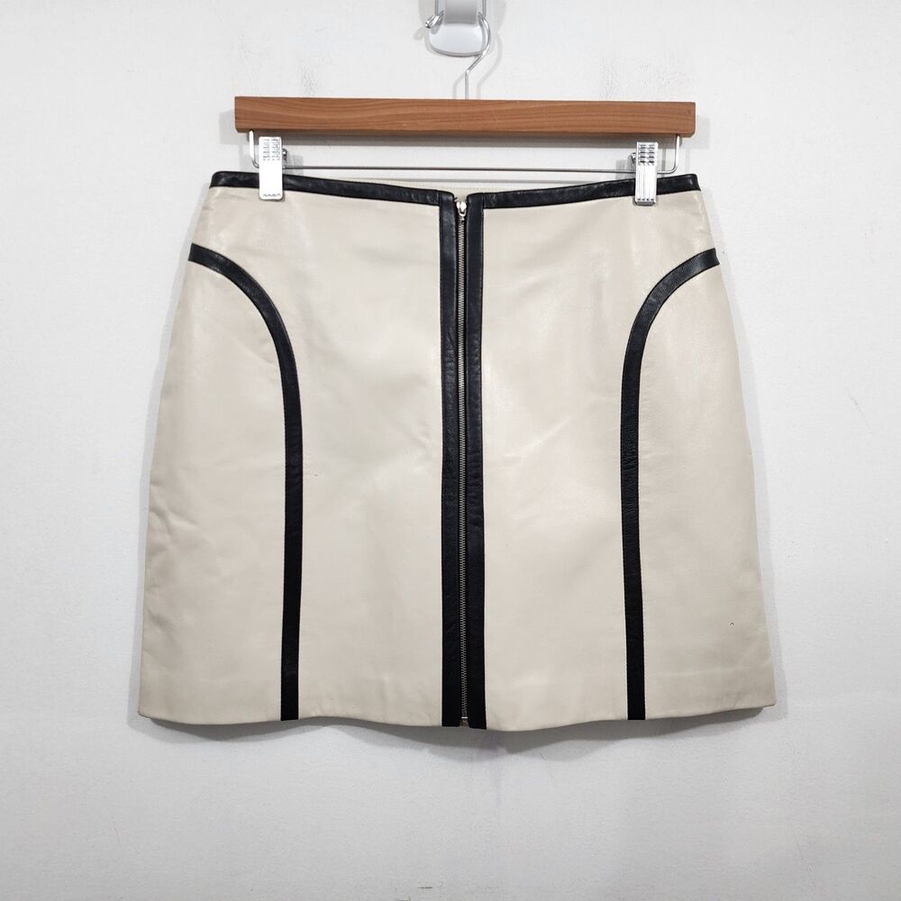 Margaret Godfrey Leather Mini Skirt Cream White Black Zip Front Trim Mod Size 10